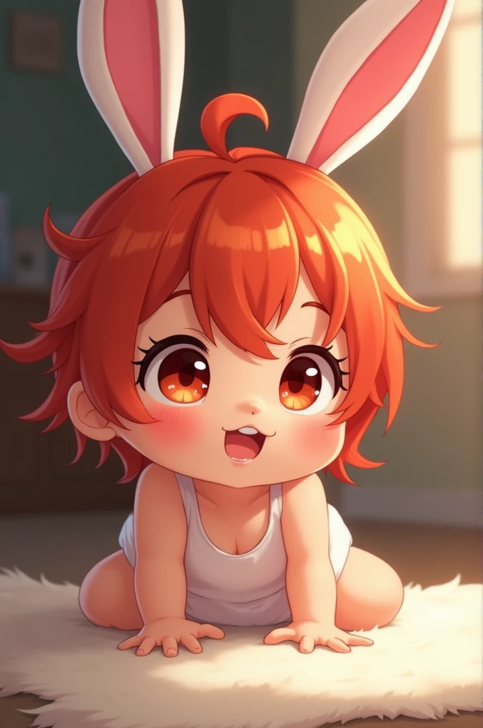 I want an Imagine of a baby with adorable features like small bunny ears in anime style can include big expressive and bright eyes and cute red hair in 2D male