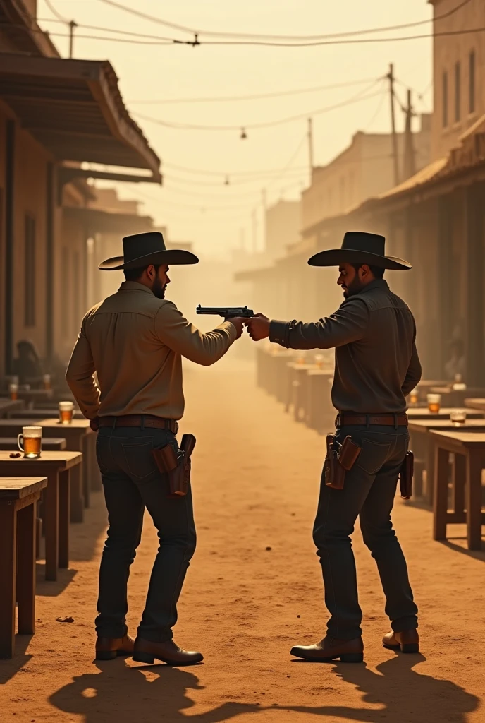 Two Mexican men are in a classic Old West-style duel, poised to draw their guns in a dusty cantina or plaza. They wear traditional western attire, with wide-brimmed hats and gun belts. Surrounding them, tables are set with plates of chicken wings and beer, capturing the lively atmosphere of a rustic, western bar. The scene is bathed in warm, dusty light, evoking the mood of a desert town at sunset.