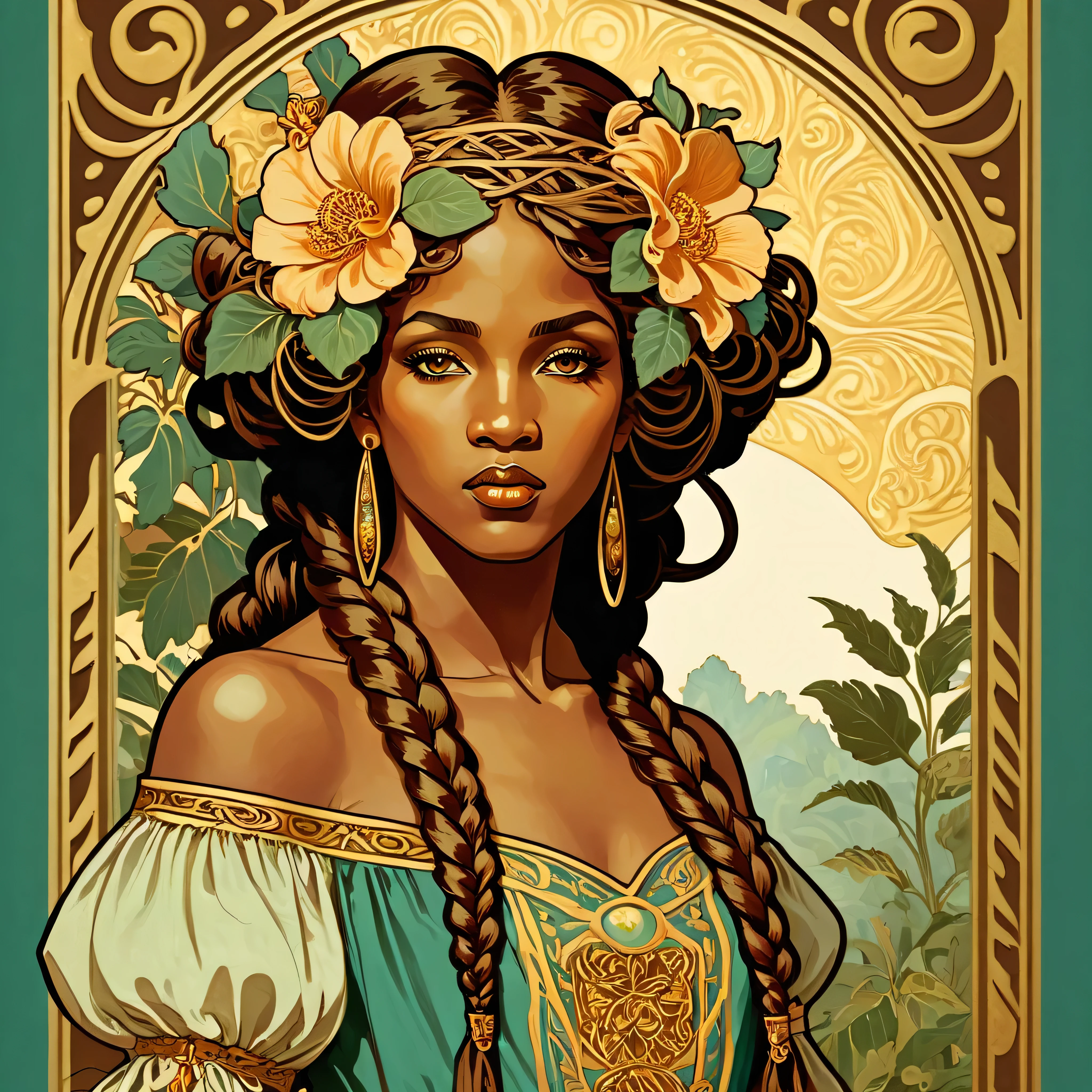 old (Masterpiece, Best Quality, Highres:1.2) Art Nouveau Style Beautiful African Woman with large hair Braided Hair Shaped as Flowers and large necklaces in the Style of Alphonse Mucha, portrait of a beautiful cute, very beautiful, standing artistically, realistic natural, professional light distribution, very artistic lighting gradation, artistic detail, highly detailed, centered, Nymph-pattern vintage wallpaper with dramatic backlighting casting deep shadows, featuring a meticulously crafted illustration inspired by Dan Mumford and Alphonse Mucha, hyper-realistic and photorealistic textures, extremely detailed with intricate floral and foliage elements, octane rendered in 8K (extremely detailed 8k wallpaper), Golden ratio, hidden ancient African symbols (, Spiral), balanced design, color harmony, Vernis Martin, golden, ancient mythology, artistically twisted edges, reminiscent of old-world craftsmanship with a contemporary edge, volumetric lighting, ultra fine details.