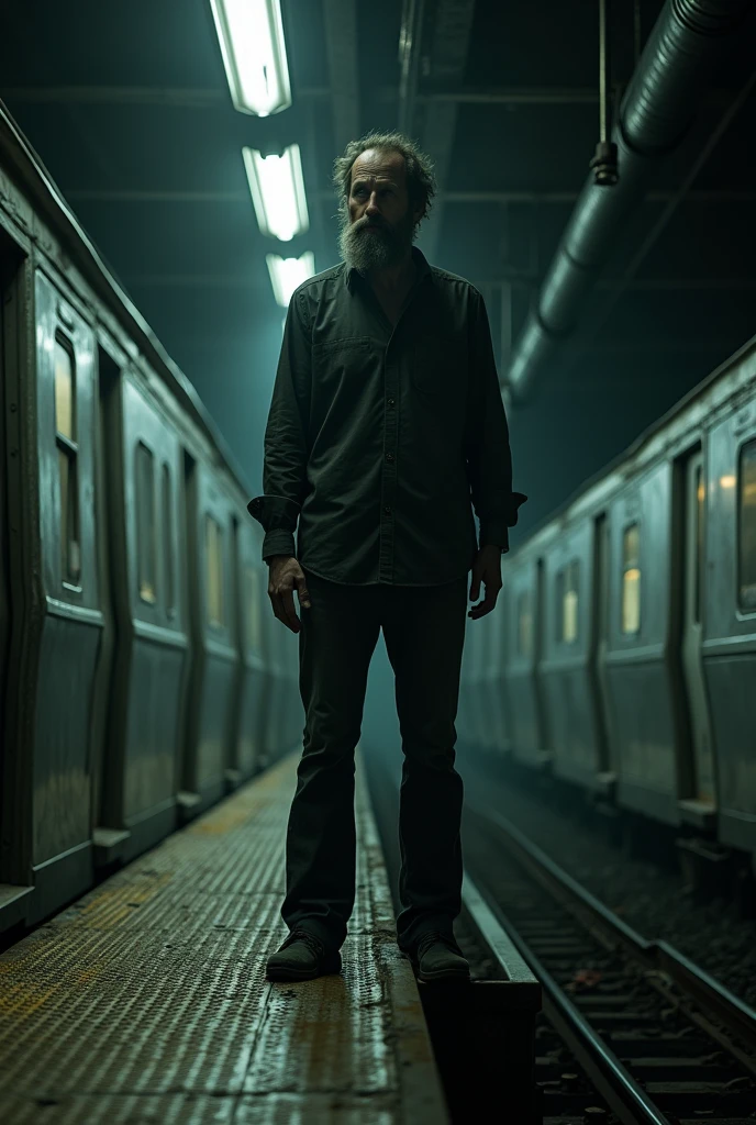 A tall man, Thin and bearded man tries to throw himself onto the subway tracks 