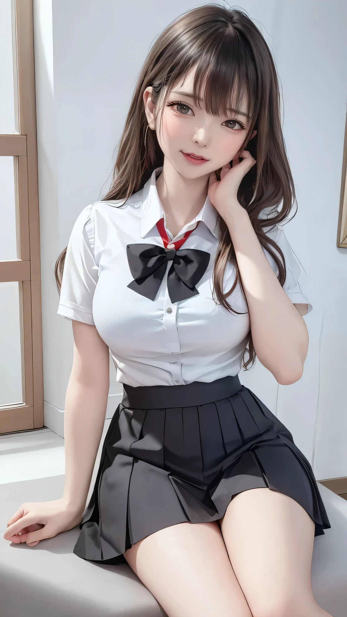 1girl, bare legs, black hair, blush, bow, bowtie, closed mouth, collared shirt, dress shirt, flashing, white shirt, hair between eyes, indoors, knee up, lips, long hair, looking at viewer, miniskirt, pleated skirt, red ribbon, reflection, school uniform, shiny skin, shirt, short sleeves, sitting, skirt, large breasts, smile, sneakers, solo, yellow eyes, masterpiece, best quality, highres, official art, extremely detailed cg unity 8k wallpaper