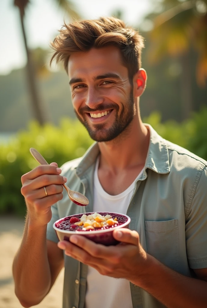 realistic man 25 to 35 years old, eating acai on the beach, salmonete, in park, ultra HD, high qualiy, best qualityer, high resolution, 8k, 16K