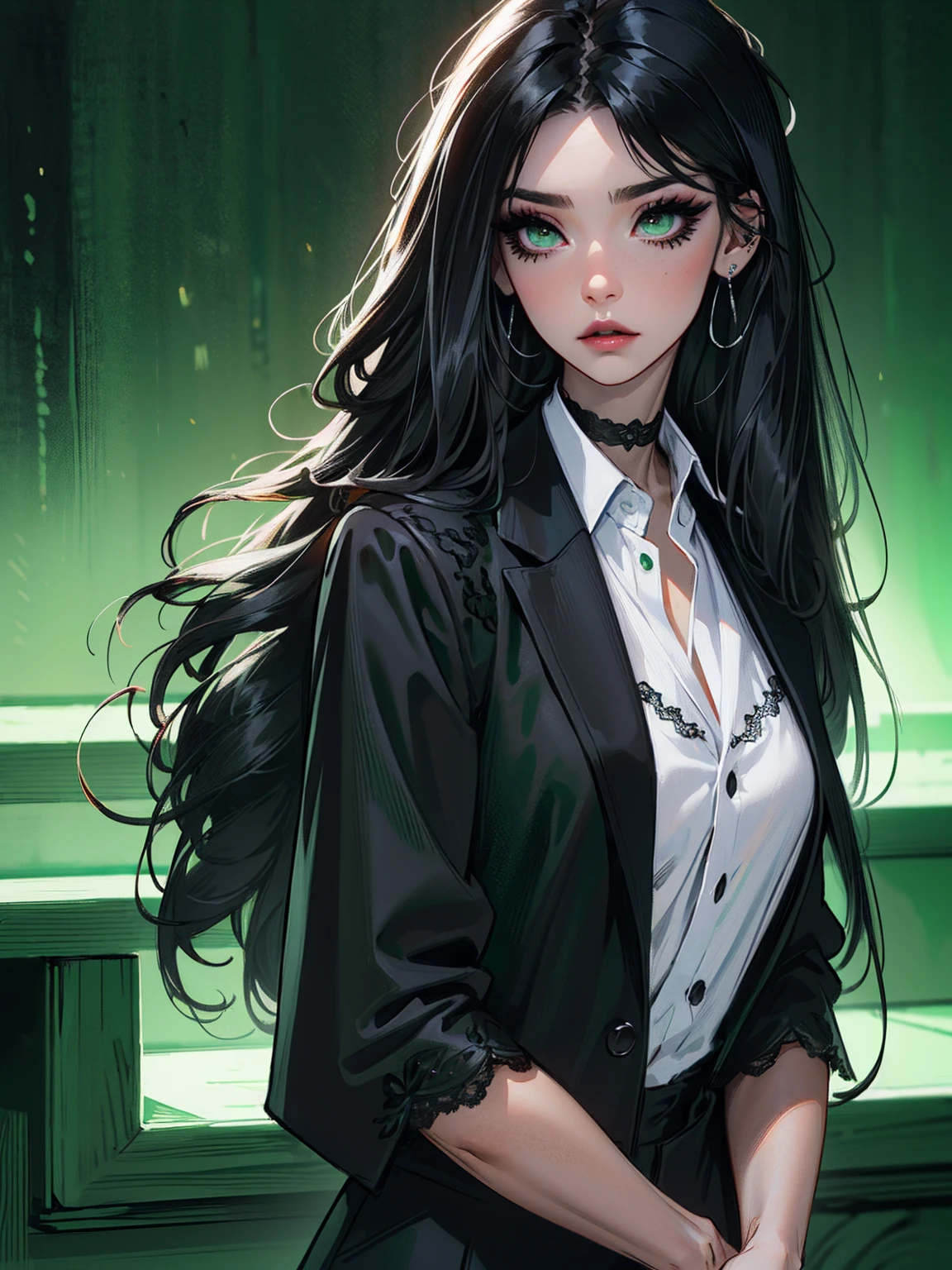 emo_hairstyle, ((tight black suit)), (black lace blazer), black tie, ((long hair)), ((straight hair)), (((black hair))), side swept bangs, white skin, pale, white, (green eye), tired expression, choker, ((dark makeup, mascara, eyeshadow)), multiple piercings, best quality, 8k, dark laboratory, dim lighting, white shirt, erotic, slytherin
