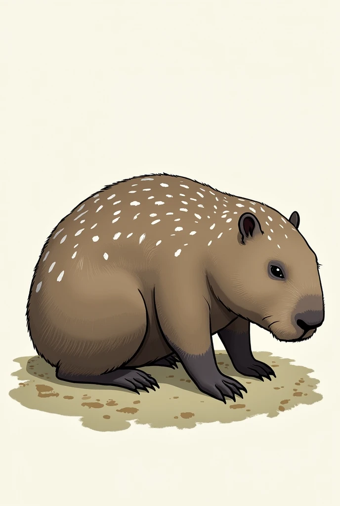 Illustration of a realistic rodent mammal known as a capybara resting on its four legs, delgado, with white spots on its back