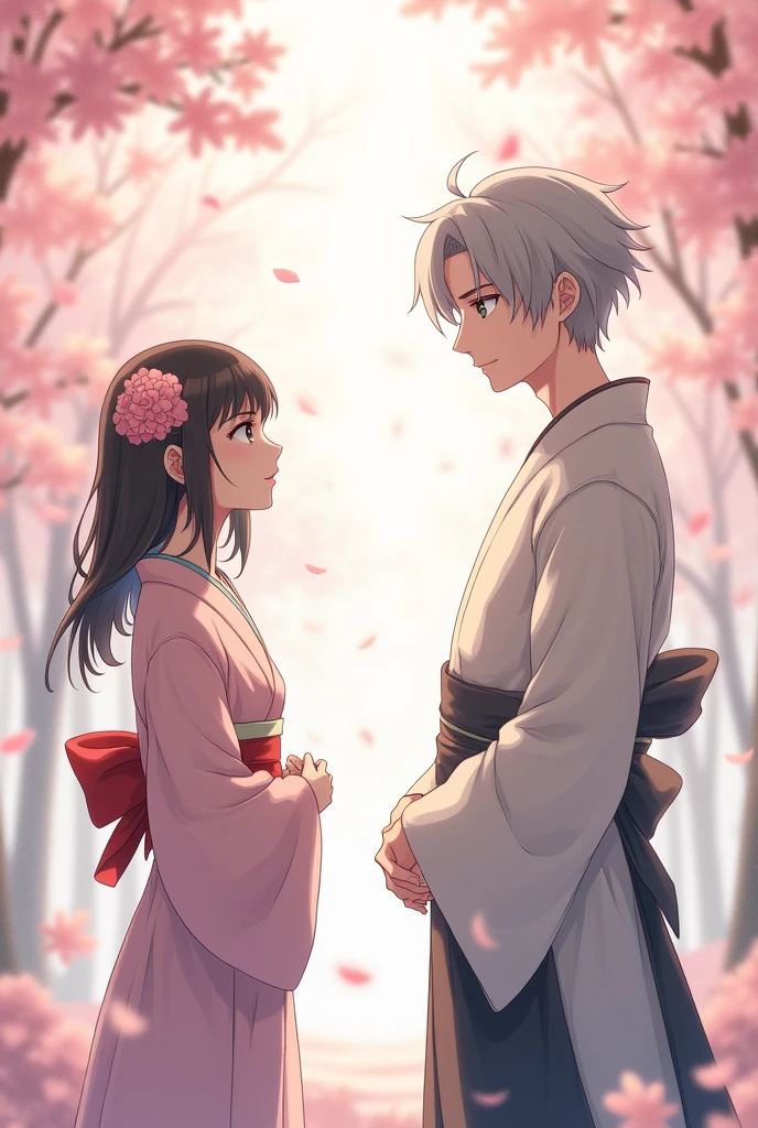 A young woman of average height would be wearing a light pink kimono, with long loose hair and short bangs and a flower on the right side of her head, her eyes are kind of Asian and her lips are a little big, next to her would be a tall boy with gray hair watching her with his hands on his waist wearing a ninja outfit without the mask over his mouth with a light background with cherry trees around him and petals sprouting