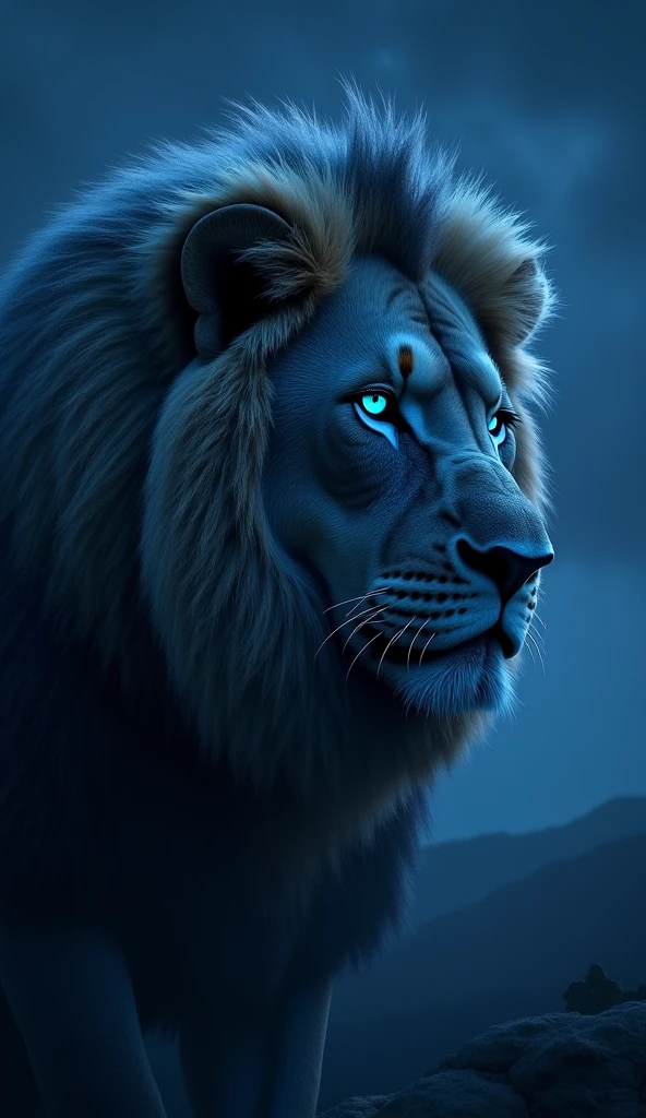 Generate a very realistic 8k 6d image of a very strong beautiful robust blue-eyed lion at night focus on the lion's face