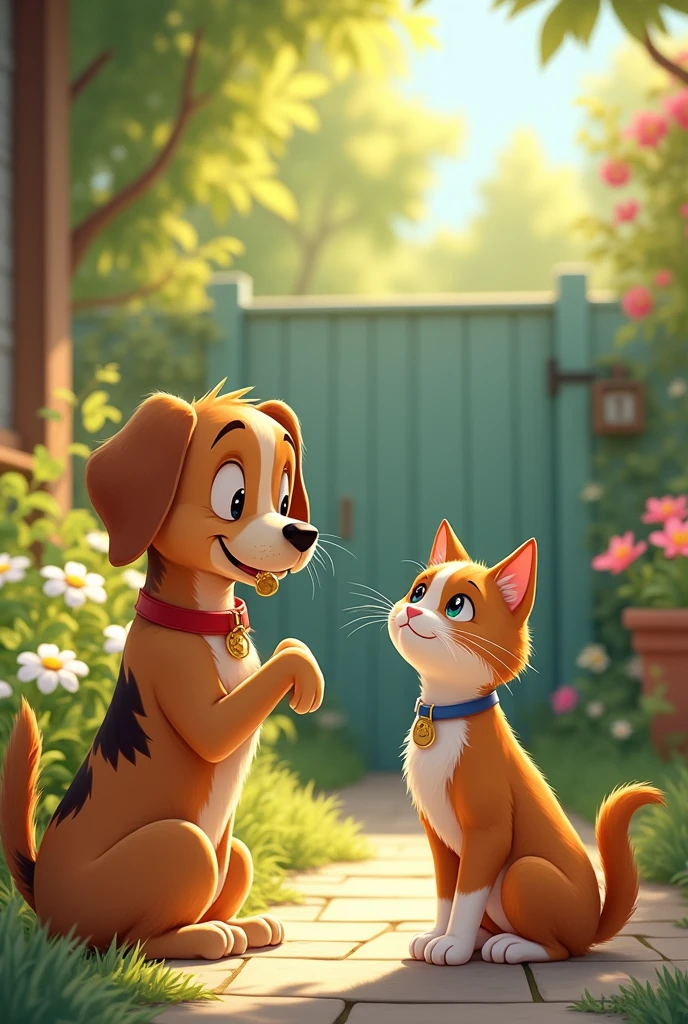 Dog noticing cats curiosity, approaching her with a friendly invitation to join the fun.