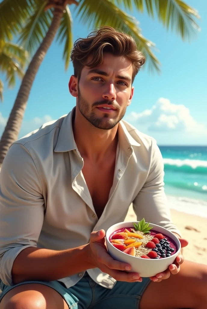 realistic man 25 to 35 years old, eating acai on the beach, ultra HD, high qualiy, best qualityer, high resolution, 8k, 16K