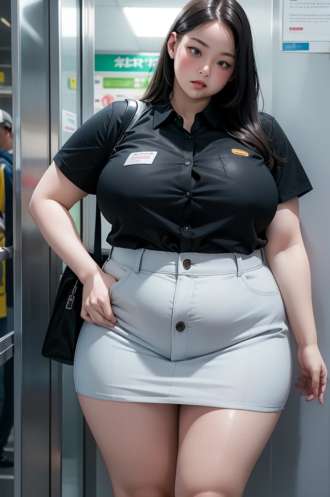 Sexy bbw 18 year old girl standing in subway wearing uniform, Close your eyes, sweat and look miserable, Open your mouth and stick your tongue out