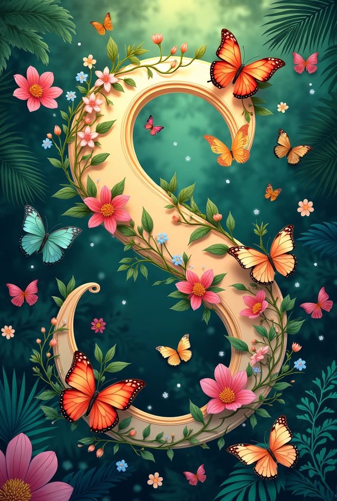 Alphabet "S" with floral & butterfly in portrait jungle background
