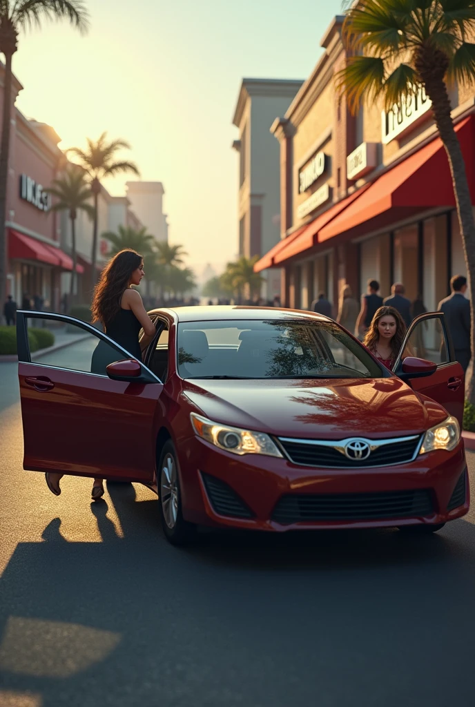 I want a 3D image of a sedan car parked in the morning hours in a shopping plaza, with the driver&#39;s door and the rear door open, From the driver&#39;s door there is a woman coming out as if she were escaping and in the back seat there is a passenger surprised to see how the driver unexpectedly and quickly gets out of the car. 