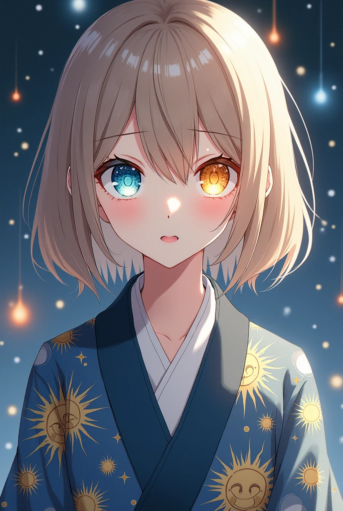 A girl with beige hair, one dark blue eye and the other yellow, wearing a haori with suns and moons on it in the style of Kimetsu No Yaiba.