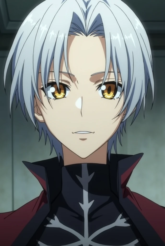 Captura de pantalla Kimetsu no Yaiba. Man with straight white hair turning grey, short. Cold golden eyes with long eyelashes. Pale skin and attractive face. He wears a torture collar shirt.
