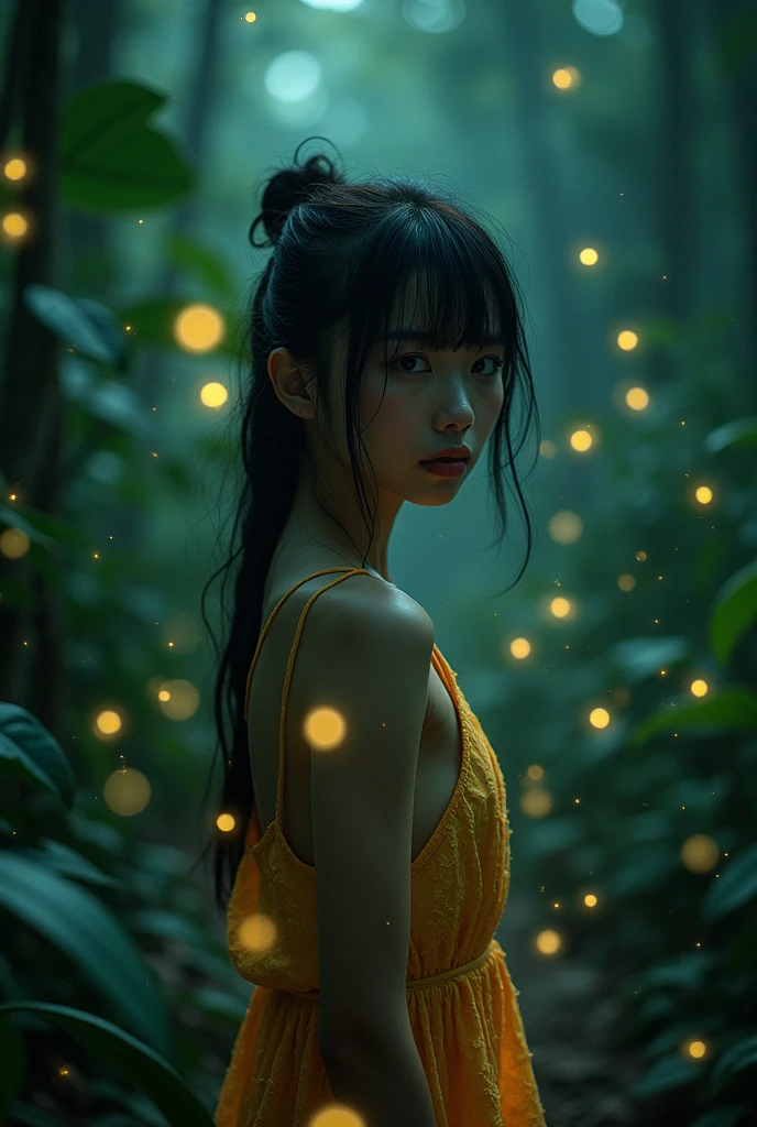 masterpiece, A beautiful Japanese girl walking through the jungle at night with fireflies dancing, (Attention to detail:1 1), rough face, Natural Skin, high quality, Browsing Caution, Beautiful Eyes, (detailed face and eyes), (face: 1 2), noise, Extra, Actual photo, PSD, Lamp Film Photo, Sharp focus, Contrast lighting, Detailed skin, High resolution 8k, Crazy Details, Realistic, Professional photography, 8K Ultra HD, Single-lens reflex camera, Soft lighting, high quality, Film Grain, Fujifilm XT3