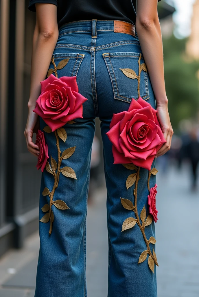 Jeans with a large 3D rose on the hips and legs