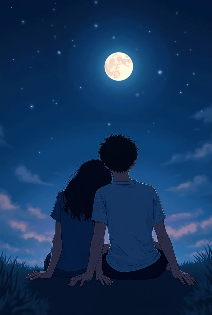 In the starry and full moon sky, there are two lovers with their backs turned, the girl leaning her head on the boy's shoulder, sitting together and watching the sky.