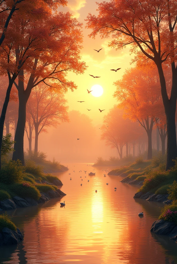 Generate an ultra realistic 8k clear sunset landscape image on river with trees and birds that convey gratitude