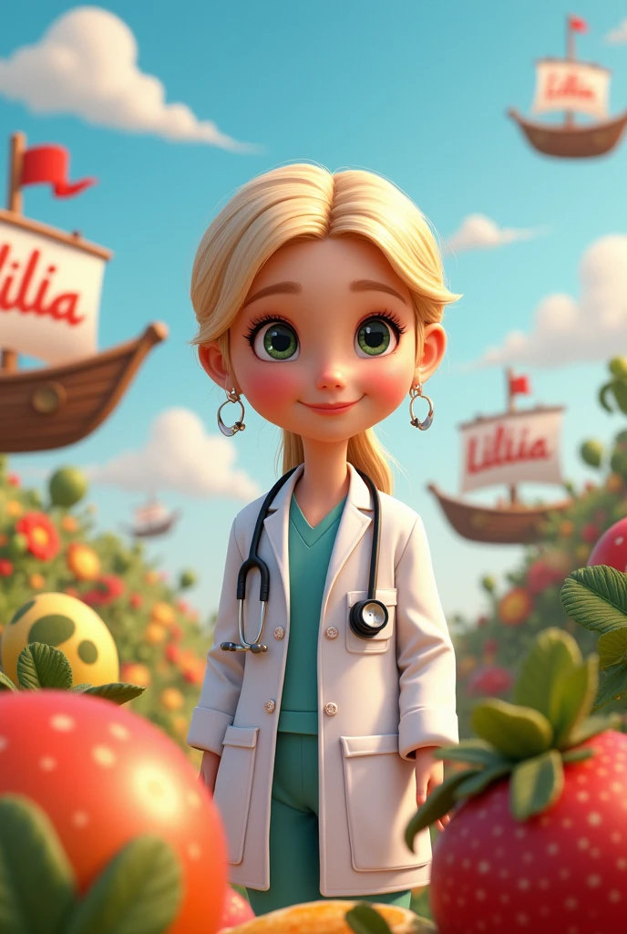 Generate Disney Pixar Style Image of White Woman, blonde, small, dressed as a doctor with fruits around and ships with the name written on them "Lilia"