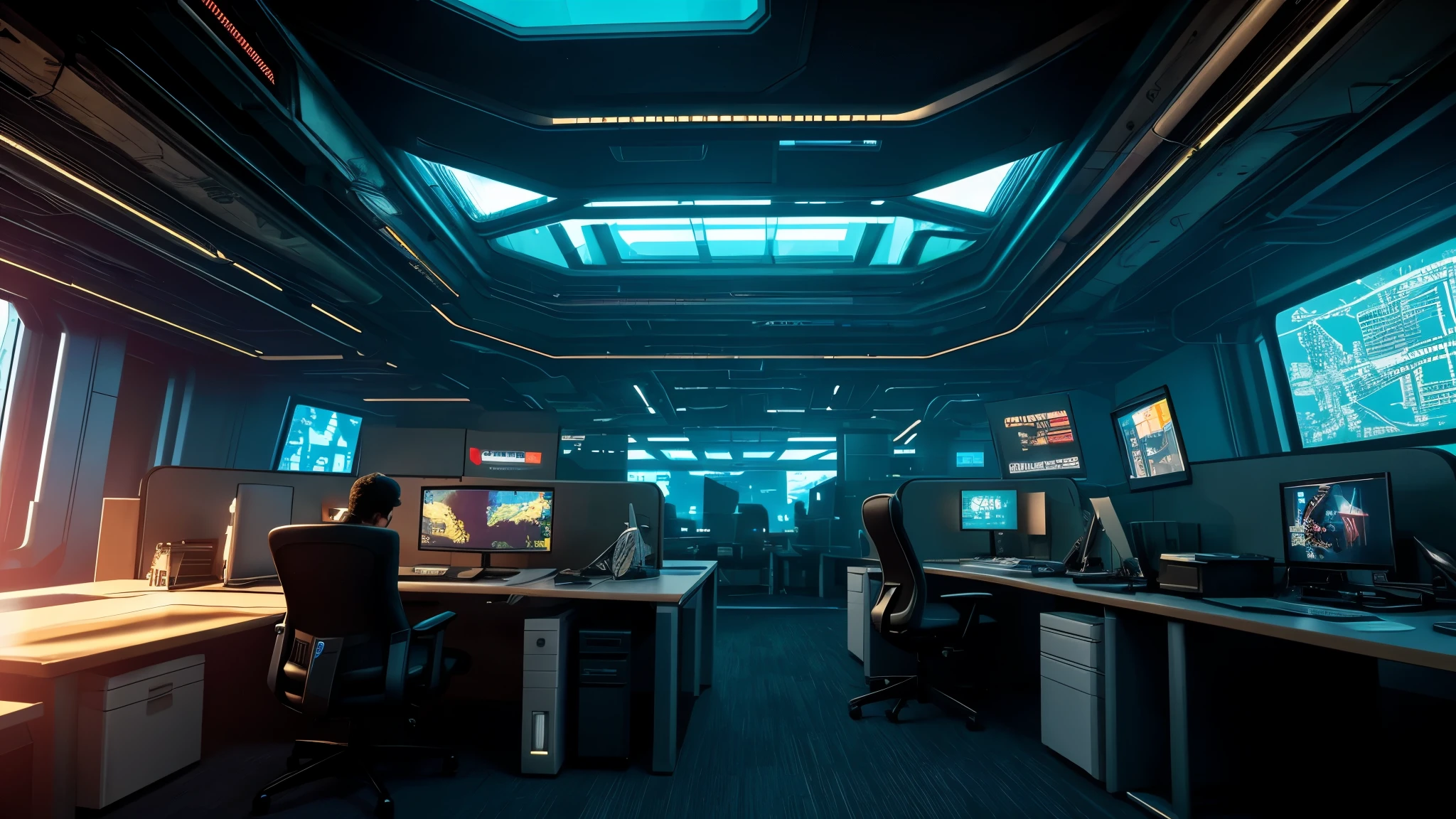 scifi, cyberpunk, futuristic, office, hightech, daylight, cozy, much space, wide angle, a lot of tech, ambient light, year 2088, cinematic