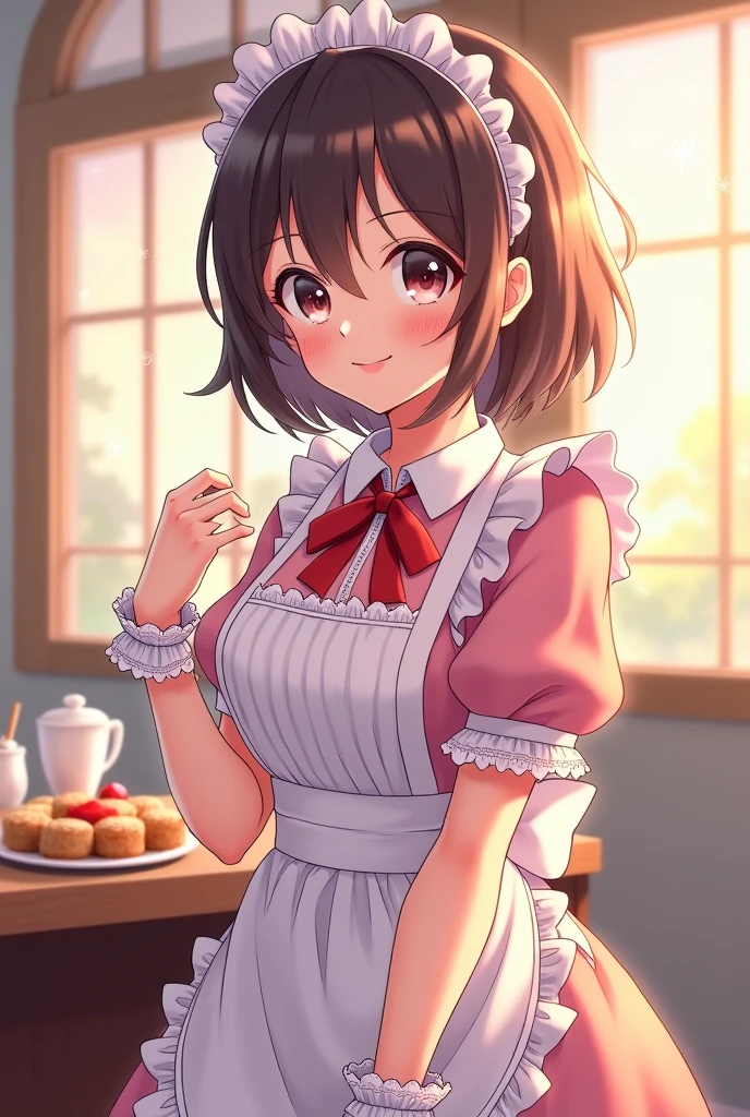 Maid of a maid cafe, anime style type One piece with pastel colors