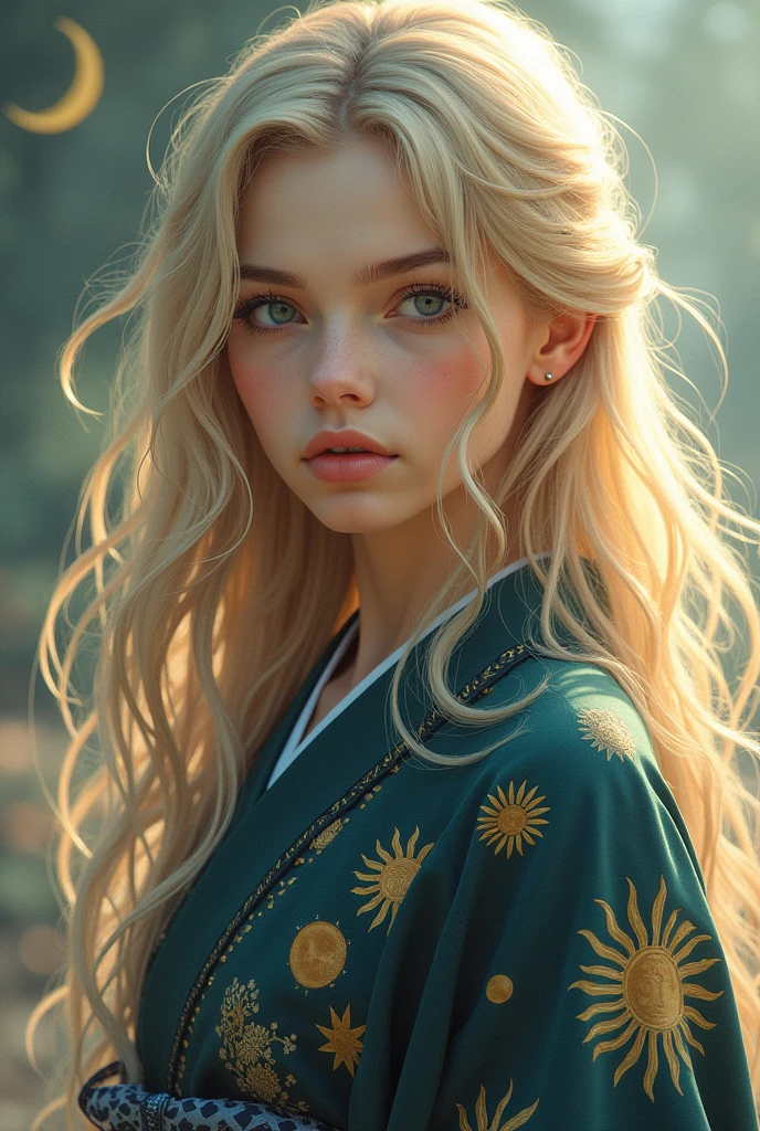 A girl with beige hair, one dark blue eye and the other yellow, wearing a haori with suns and moons on it in the style of Demon Slayer.