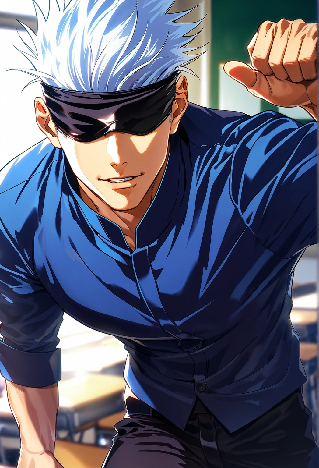 Ultra detailed, HDR, Highres, absurdres, masterpiece, best quality, solo focus, Gojou Satoru, white hair, black blindfold, covered eyes, white large shirt, black pants, Jujutsu Kaisen, sexy man, handsome, classroom, handsome, sensual, solo, manly, man, kabedon, looking at viewer