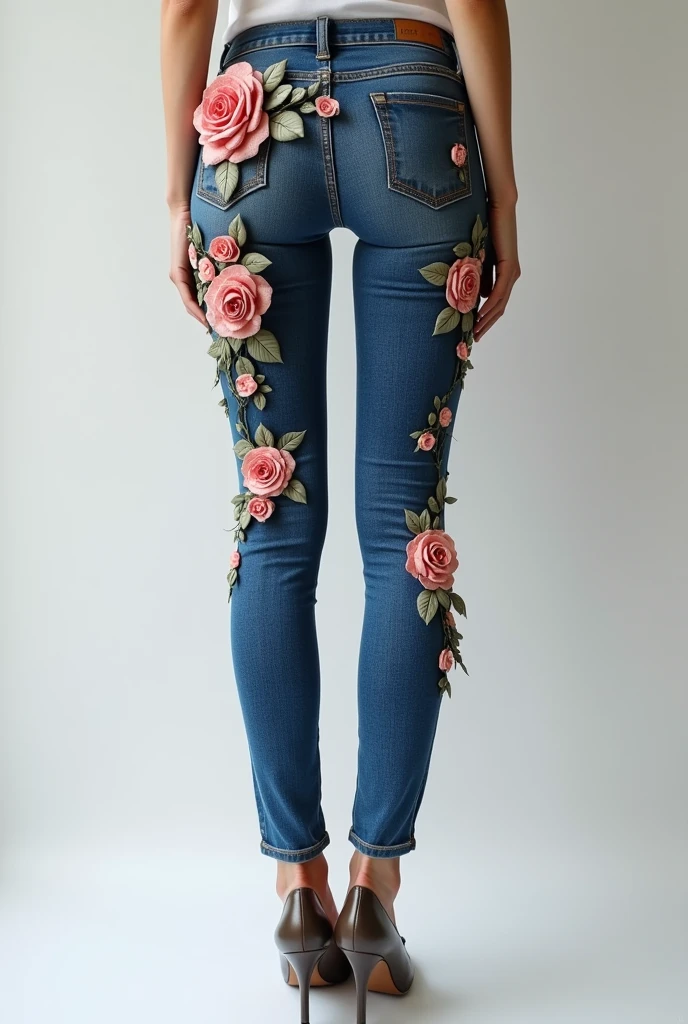 Jeans with a small 3D rose on the hips and legs