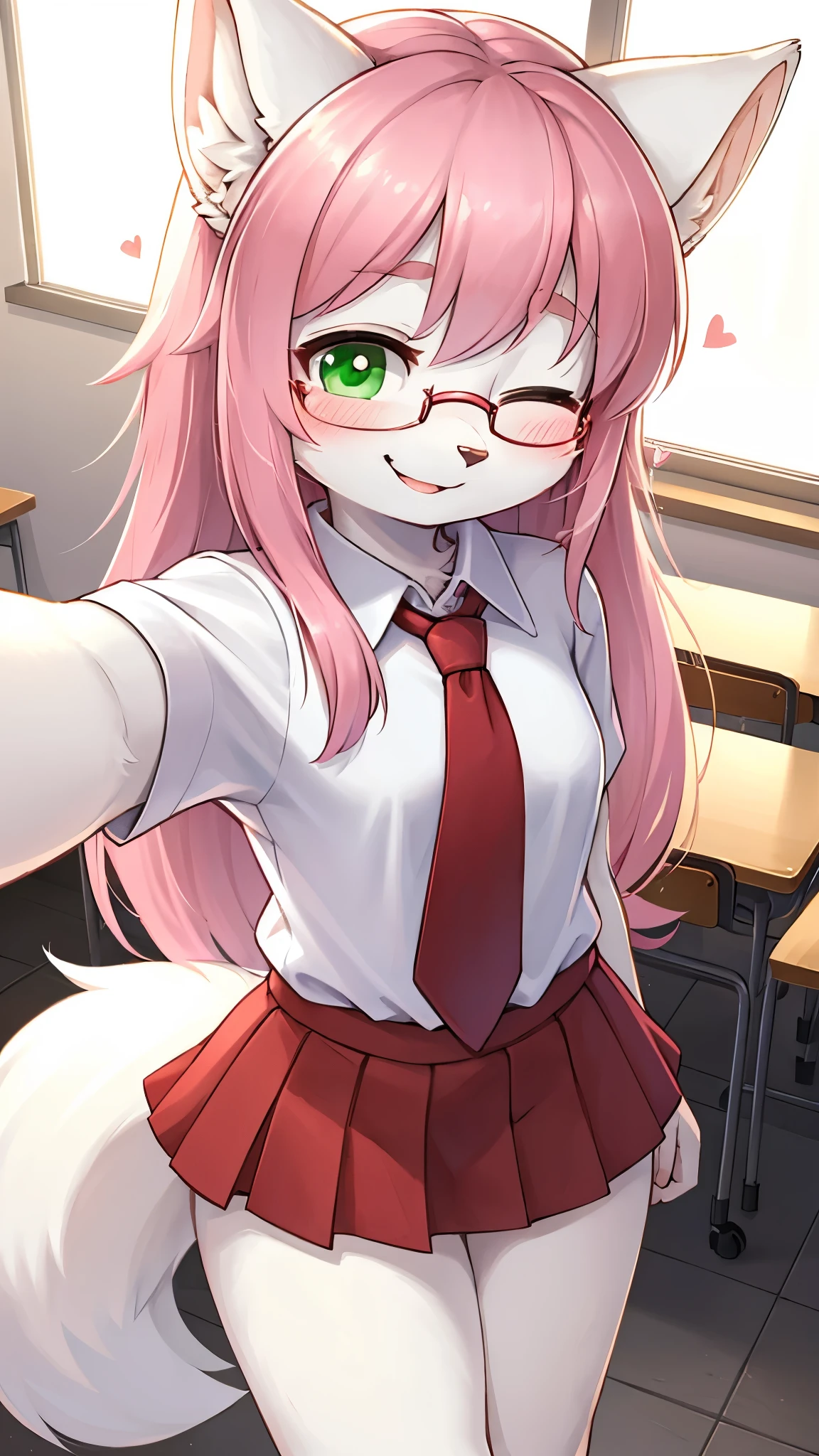 best quality,best resolution,solo,(fluffy anthro furry :1.6),(young :1.8),cat girl,flat chest,pink hair,long hair,messy hair,green eyes,glistering eyes,sparkle eyes,(white fur :1.6),(white short arms shirt with red tie),(red skirt),glasses,beautiful classroom,light and shadow,full face blush,heart expression,heart eyes glow,happy face,smile,standing,one eye closed,close up,selfie