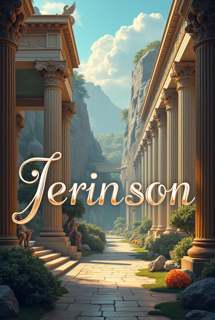 Image with the name jerinson in cursive letters with a background of Greek mythology and Greek gods and art
