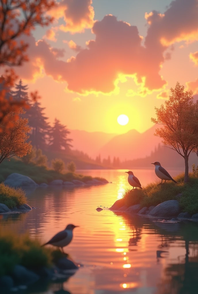 Generate an ultra realistic 8k clear sunset landscape image on river with small trees and birds waving gratitude