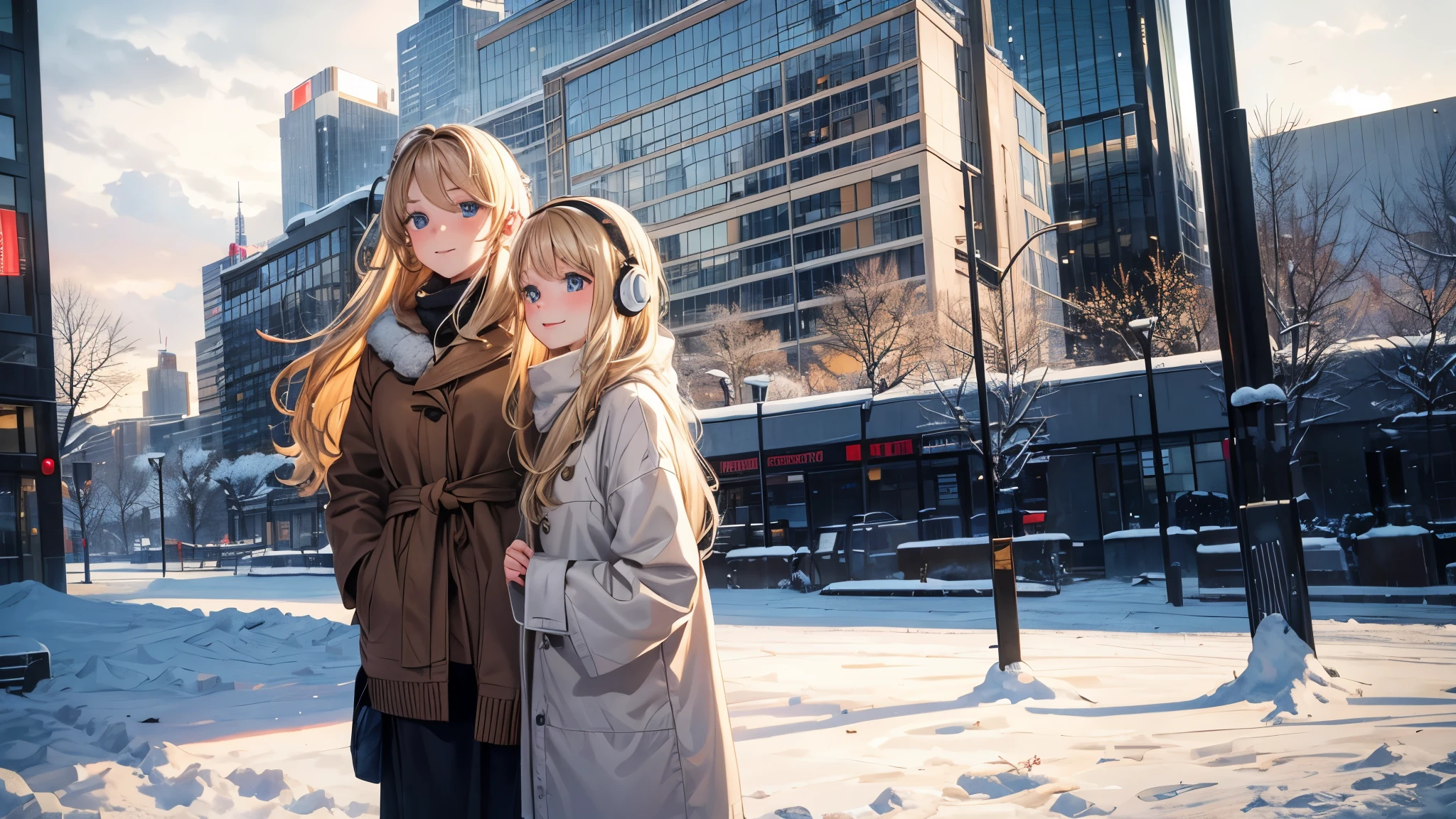 A 22 year old girl with long dark blonde hair. Another 12 year old girl with long dark blonde hair. Posing for a photo together in the city of Toronto in a snow-covered square during the day. In the background all the maple trees with falling leaves. Their outgoing smiles and radiant honey eyes reflect youthful joy. Her wavy hair cascades down to her waist, shining in the natural light of the snowy, cloudy day. Wearing casual Canadian fashion clothes with relaxed poses, they walk together holding a cell phone. His eyes shine, lost in the middle of this beautiful city, his lips parted revealing his surprise at the landscape, personifying the innocence of his age. On their heads are headphones full of lights that reflect their lofi style of being.