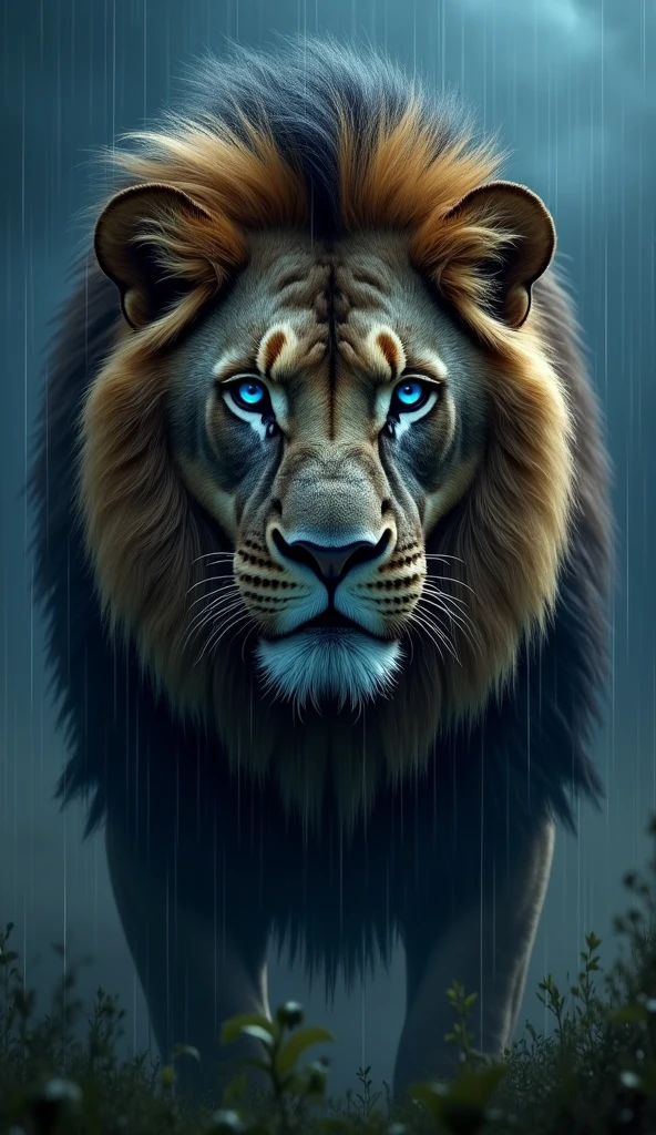 Generate a very realistic 8k 6d image of a strong handsome robust blue-eyed lion at night raining focus on the lion&#39;s face