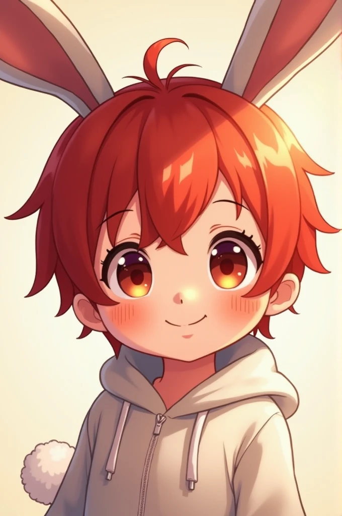 I want an Imagine of a with adorable features like small bunny ears in anime style can include big expressive and bright eyes and cute red hair in 2D male