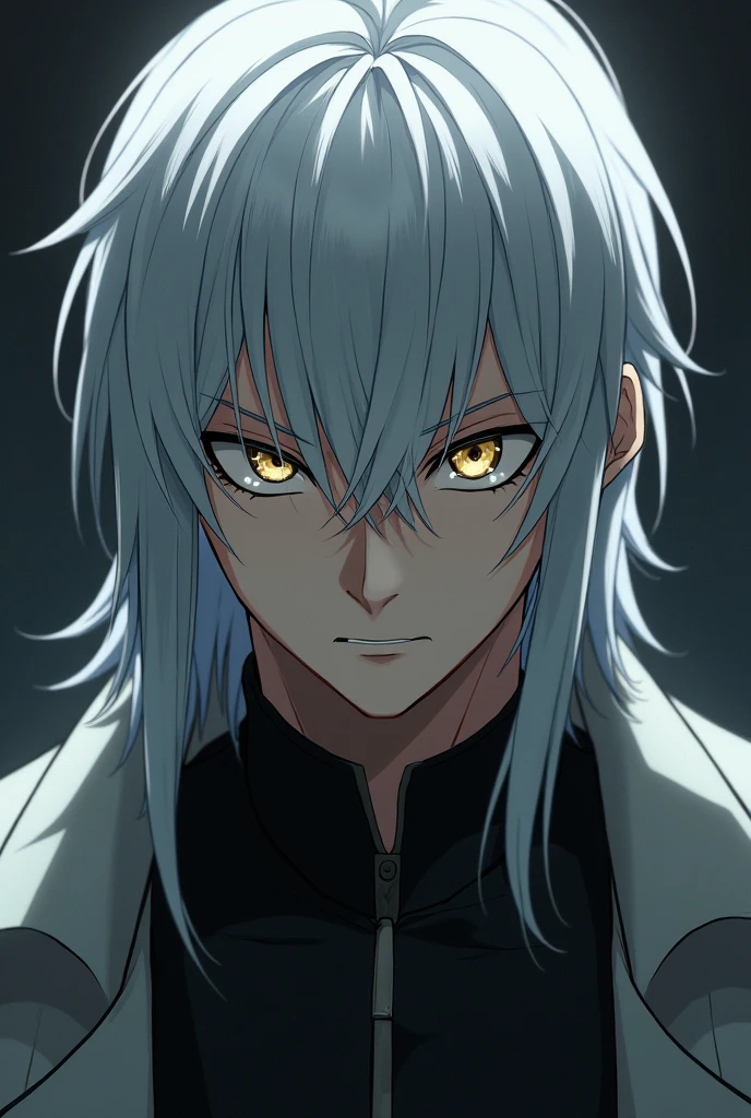 Screenshot Very Hero Academy. Man with straight white hair turning grey, short. Cold golden eyes with long eyelashes. Pale skin and attractive face. He wears a torture collar shirt. cold man.