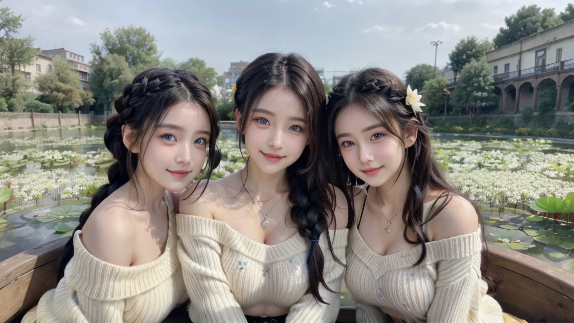 ( 3 girls),smile、Look into the camera、diamond necklace、braided hair,  (Wearing an off-shoulder sweater that reveals cleavage.:1.1)、revealing upper arms、Extra long twin tail feathers、Flower Hair Ornaments、 Masterpiece, Highest quality, 8ก, beautiful girl, young face、 photography, Cute face, thigh,(Sitting in a lotus pond),、รอยsmile、small waist, blue eyes(((The chest is erect...)))(((round chest)))(((big breasts:1.1)))