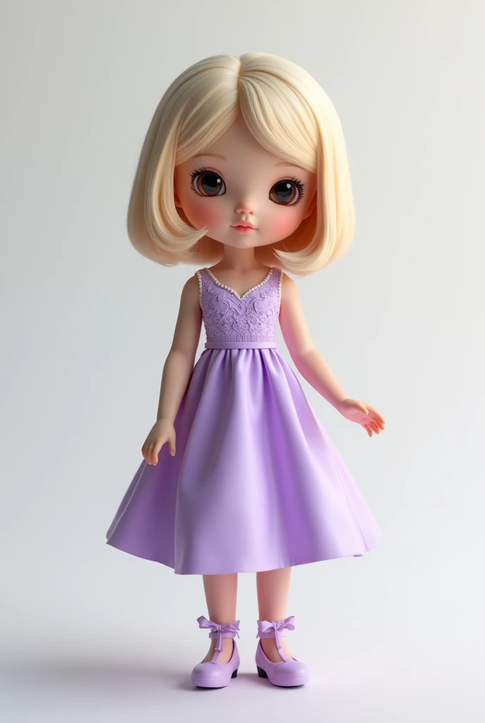Create a beautiful 3D doll, blonde, light brown cor, with light brown eyes, lilac dress and medium hair , white background,