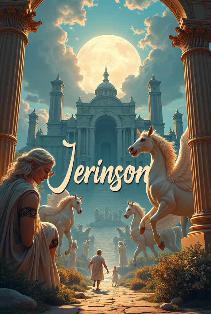 Image with the name jerinson in cursive letters with a background of Greek mythology and Greek gods and art 