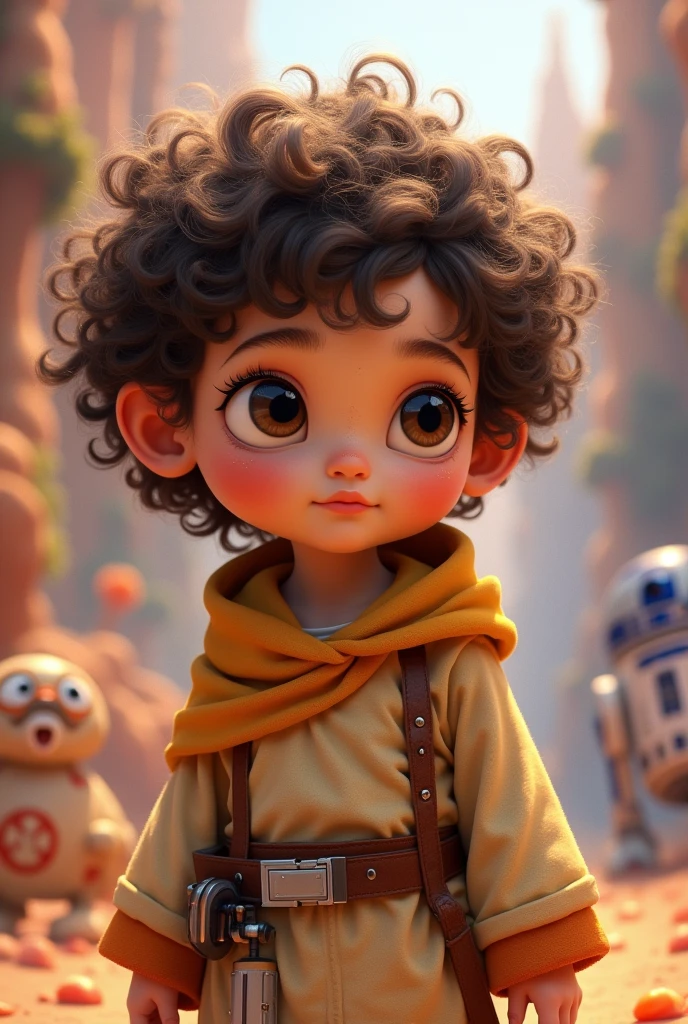 Generate me an image of a child with white skin and curly brown hair, and a Star Wars costume with Disney Pixar style and many spaceships as a background 