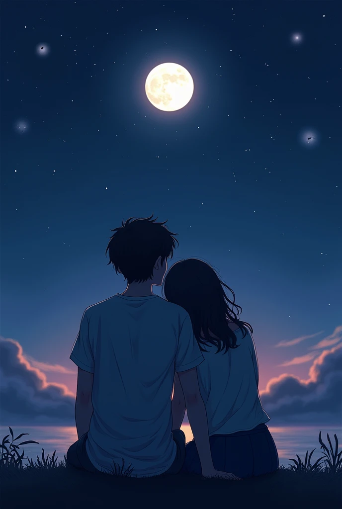 In the starry and full moon sky, there are two lovers with their backs turned, the girl leaning her head on the boy's shoulder, sitting together and watching the sky.