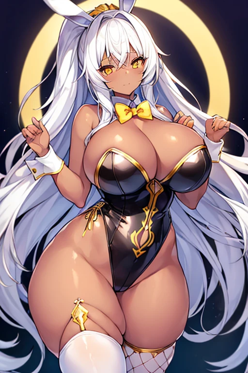 1girl, white hair, long hair, dark-skinned female, dark skin, yellow eyes, breasts, huge breasts, bowtie, wide hips, thick thighs, fishnets, bunnysuit, leotard, white bunnysuit, shy, timid, wavy mouth, ponytail, yellow trim, fishnet, fishnet legwear, gold trim