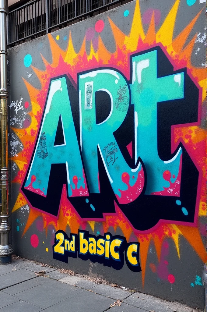 Create a graffiti that says Art in big letters and says at the bottom 2nd basic C with many colors