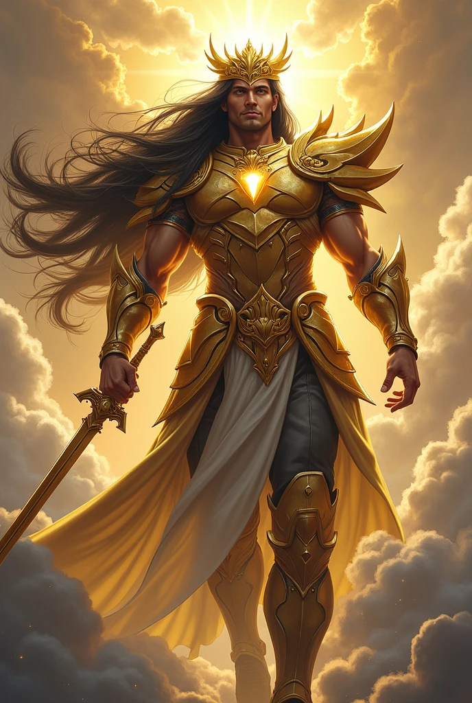 mature adult illustration of emperor of mankind in full armor, golden armor, black hair, very long hair, golden laurel crown, glowing golden eyes, floating hair, wearing intricate ornamented golden armor, tall stature, imposing figure, godlike physique, holding sword, lifting sword, sharp and long claws(weapon), descending form heavens, clouds parting, man:1.2), power armor, epic, reflective metal, gold trimmings, dual wielding, fighting_pose, fighting,