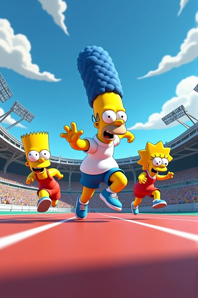 Create several images of the Simpsons characters performing the different types of athletics on an athletics track.