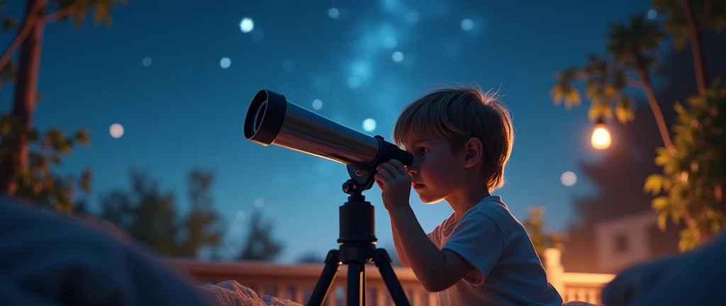 a child looking through a telescope at the stars and planets where one can see the world he imagines to escape his reality