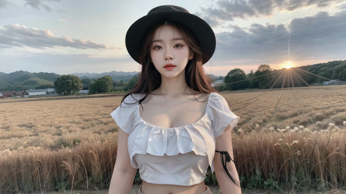 Close-up photo of a very beautiful Korean woman, Bust size 34 inches, Wear a crop top., hat, walking in the field, sunset light, cinematic scene, UHD 