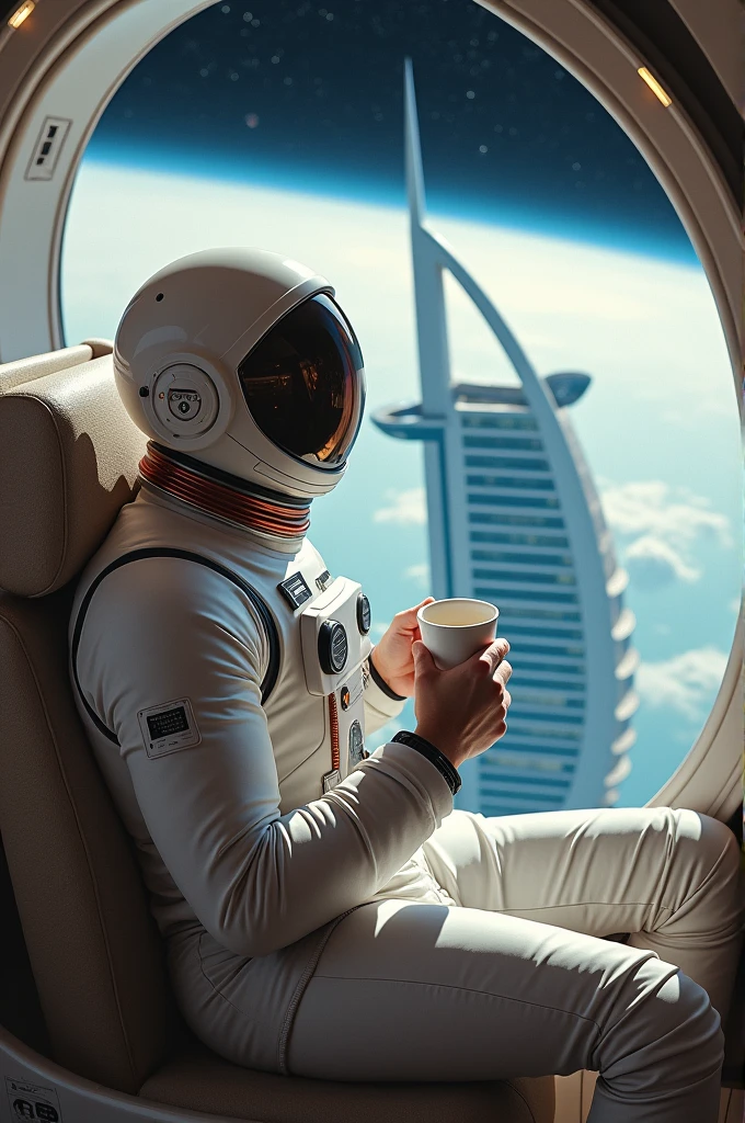 Man in space drinking coffee in Burj Al Arab