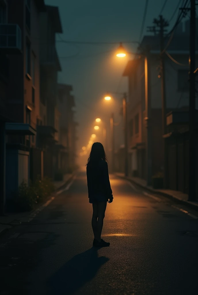 Can you make an album cover for an album called street lights, its set at night, there are street lights on the street and there's a girl facing her back to the camera from afar