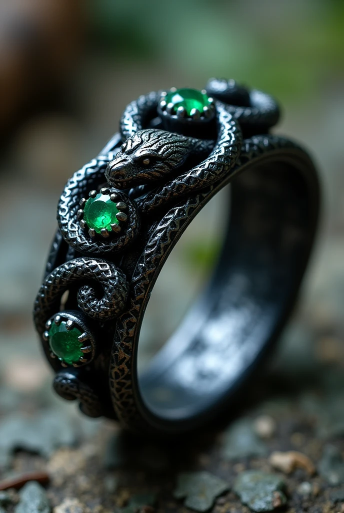 Black metal ring with Harry Potter theme, with emeralds and snakes