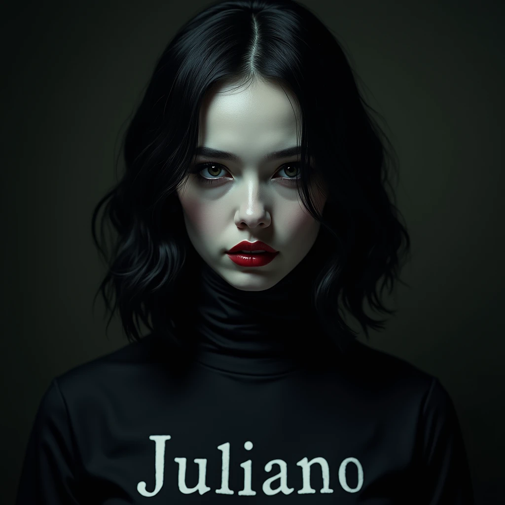 Gothic woman face, shirt with the word JULIANO written on it