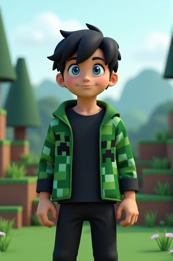 Make a minecraft style boy with black hair and blue eyes with a black shirt and a Creeper jacket and black pants